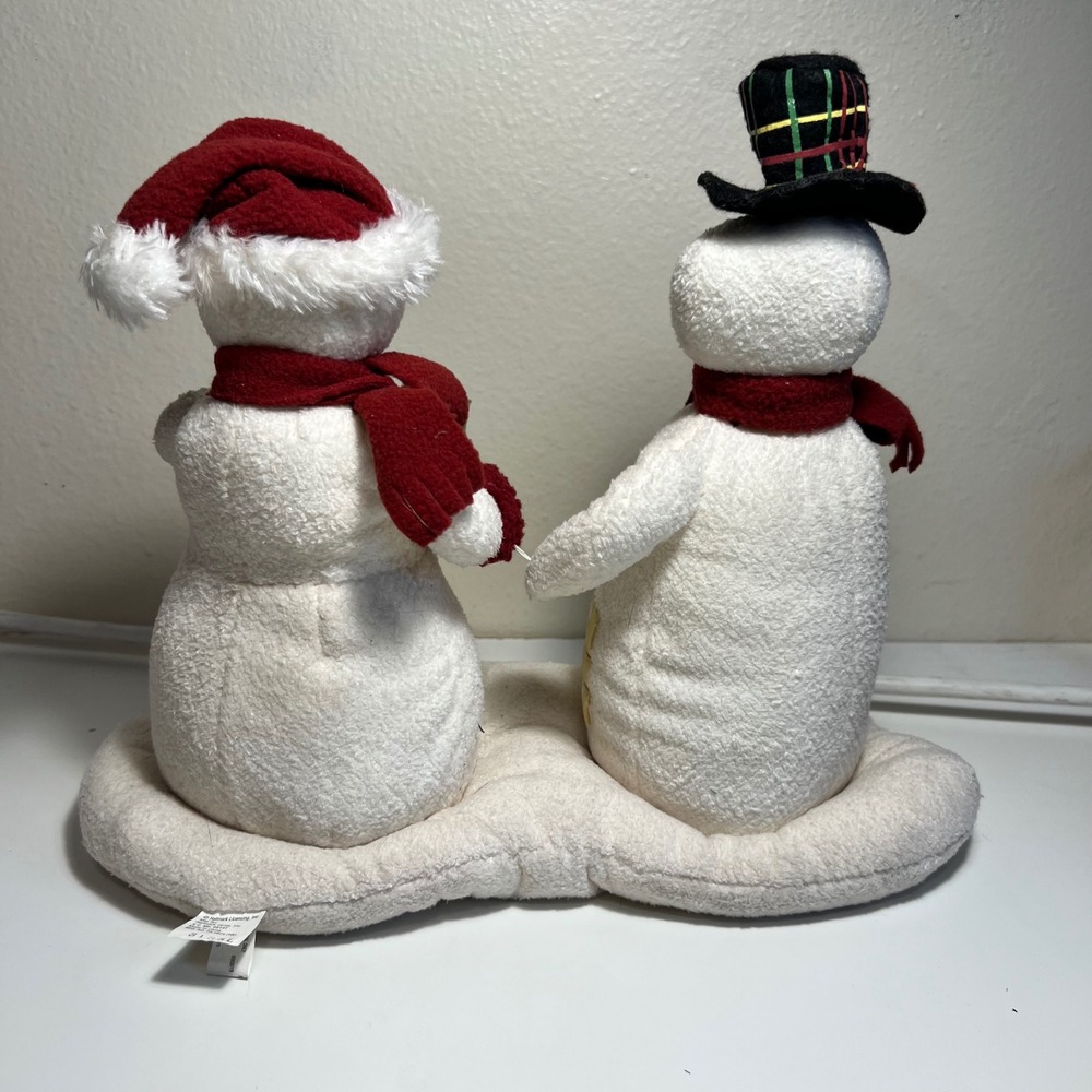 Vintage Hallmark Musical Snowman Duo White Red Plaid Hat Broom Singing Decor - Picture 6 of 6